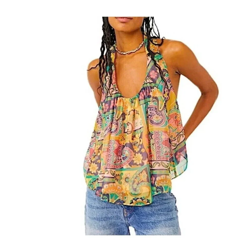 FREE PEOPLE Strawberry Tank Meadow Combo Flowy Lined Bohemian Tank Women XS‎